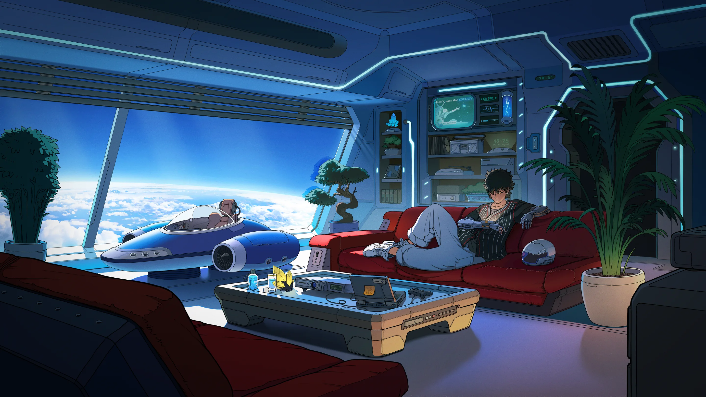 A player lounging in a home above the cloud deck, a flyer parked outside the window